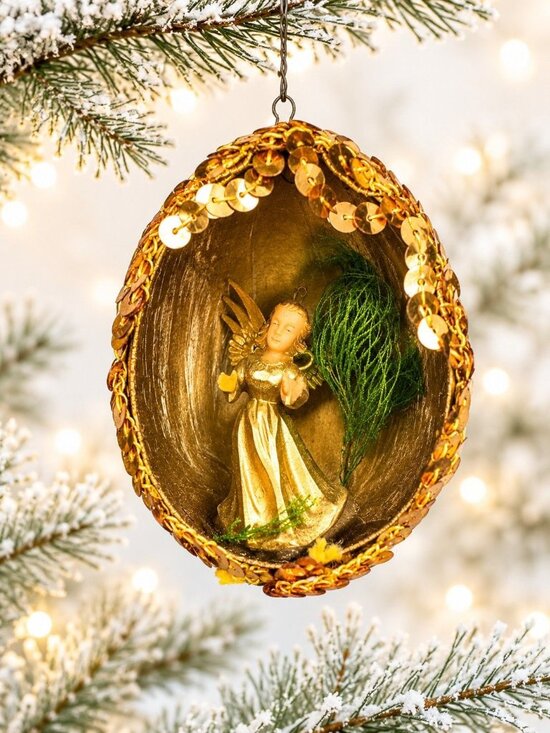 Artisan Other - Vintage Eggshell Diorama Angel Ornament Gold Sequin Trim 2"